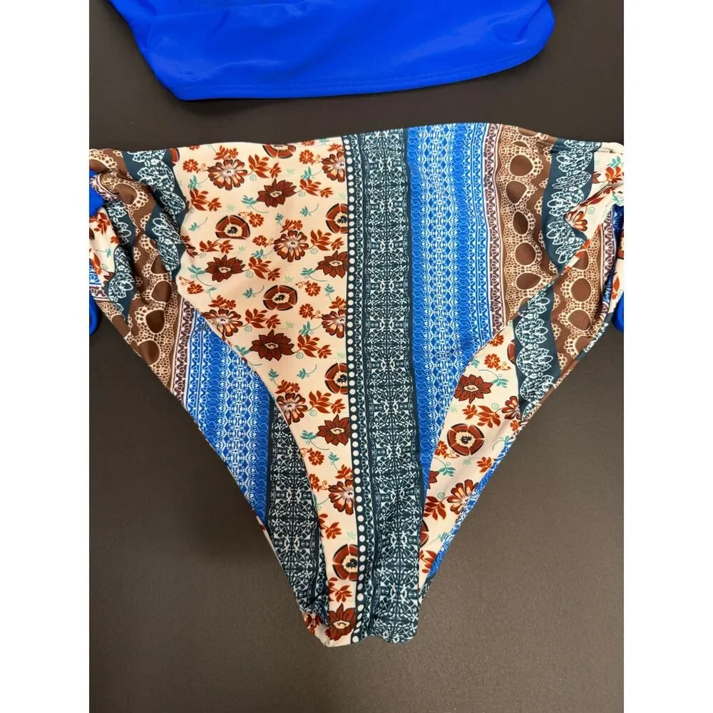 Women's Size L Blue Floral Two-Piece Bikini Set Tie Side Boho Swimwear Swimsuit
